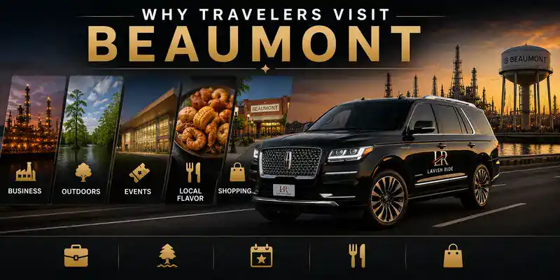 Lincoln Navigator luxury transportation in Beaumont, Texas, highlighting business travel, outdoor destinations, events, local dining, shopping, and private chauffeur service with Lavish Ride branding.